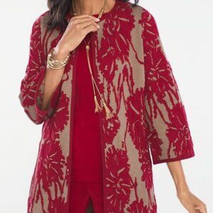 Chico's Travelers Red Beige Tan Sweater Jacket Medium Career Blazer size 2